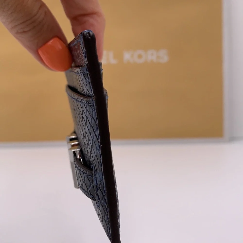 MICHAEL KORS Reed Large Snakeskin Python Patter Card Holder Case Denim NWT